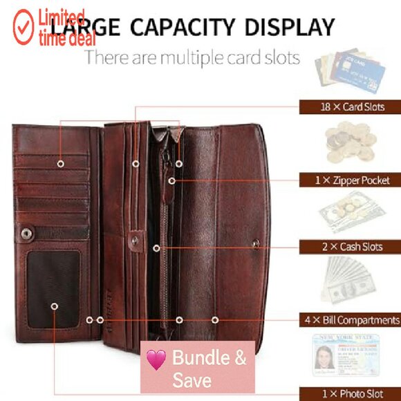 Large Capacity Leather Wallet Clutch Organizer with 18 Card Slots - Picture 4 of 8